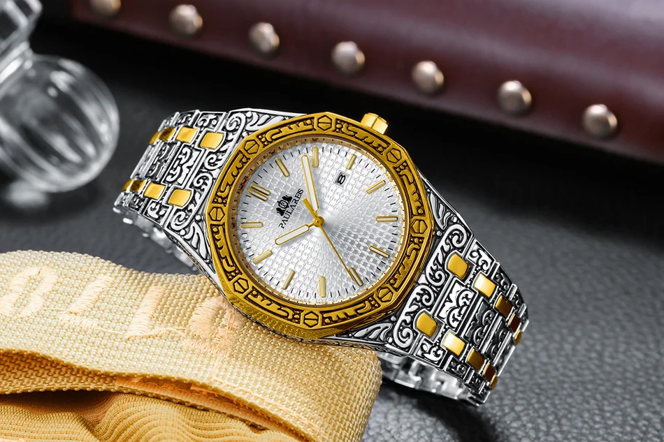 Lusso antico intagliato vintage luminoso oro rosa oro giallo argento 2 toni blu quarzo classico da uomo_voghion.com
