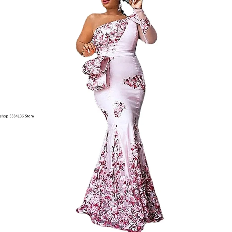 One Shoulder Pink Celebrate Party Evening Gowns Event Robes African Fashion Summer Autumn Vestidos Maxi | Женская одежда