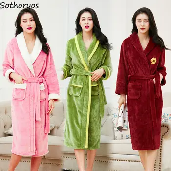 

Robes Women Autumn Winter Flannel Solid Mid-calf Korean Style Homewear Large Size Loose Comfortable Thicken Lengthened Simple