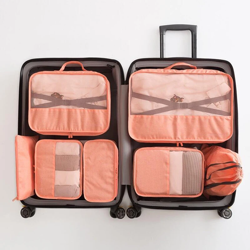 orange pink 7 шт./компл. Чемодан упаковка Органайзер набор путешествия сетки в мешке Чемодан Органайзер косметическая упаковка, сумка-Органайзер для Костюмы - Цвет: orange pink