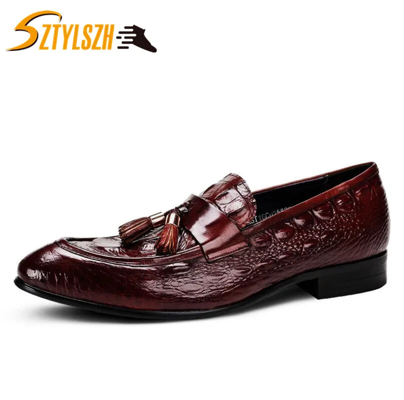 Men's casual shoes Classic Loafer Genuine Leather Tassel Crocodile Grain Formal Wedding Party banquet Dress Shoes Male Flats
