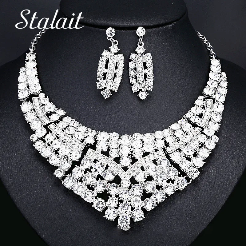 

High Quality Bohemian Wedding Jewelry Sets Gold Color Full Rhinestones V Chain Bridal Necklace Earrings Costume Jewelry Sets