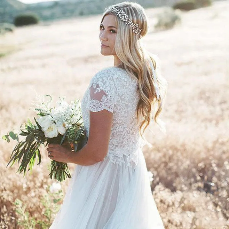 Vestido de novia скромная линия пляж Бохо Свадебные платья Кружева аппликация короткий рукав размера плюс свадебные платья невесты платье