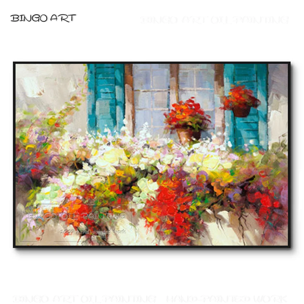 

Rich Colors Flower in Front of The Window Oil Painting Hand-painted Colorful Art Vase Flowers Oil Painting for Wall Decoration