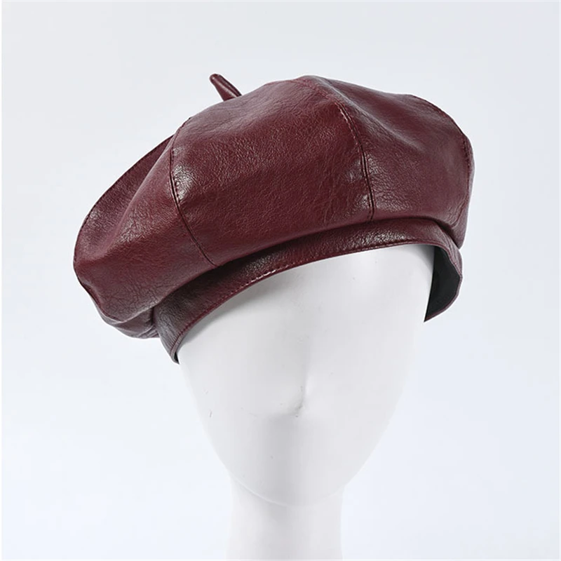 wine red Wholesale 7 Colors PU leather Berets For Women Fashion Ladies Black Caps Stewardess Red Yellow Beret Autumn Winter Artist Hats - Цвет: wine red