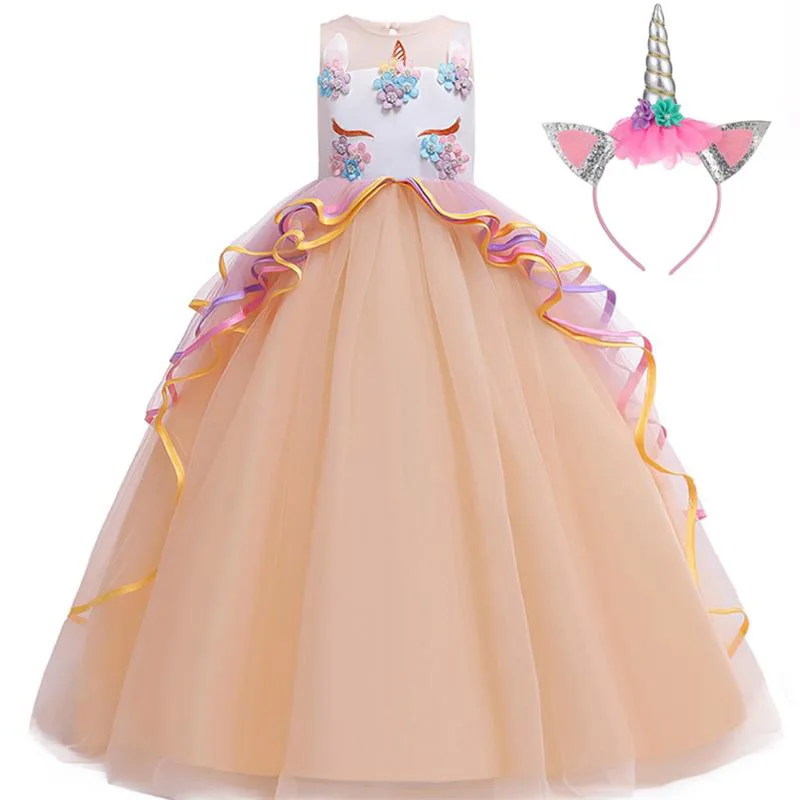 champagne Длинное платье с единорогом Детские платья с повязкой на голову для девочек; детское платье принцессы для девочек вечерние платья для свадьбы Vestidos; Возраст 14, 10, 12 лет - Цвет: champagne