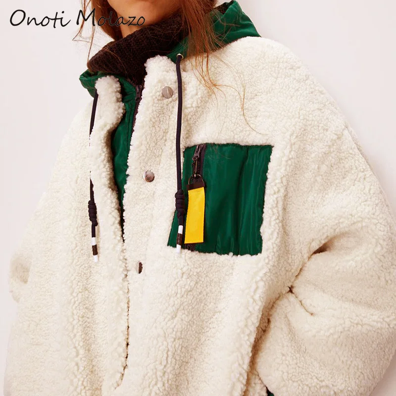 New  Onoti Molazo Jackets Coats Women Fur Thick Winter with Hat Zipper Casual Ladies Teddy Coats Jacket 