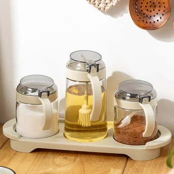 

MDZF 1Set Kitchen Glass Spice Jar Set Oiler Soy Sauce Seasoning Bottle With Spoon And Oil Brush Salt Sugar Storage Container