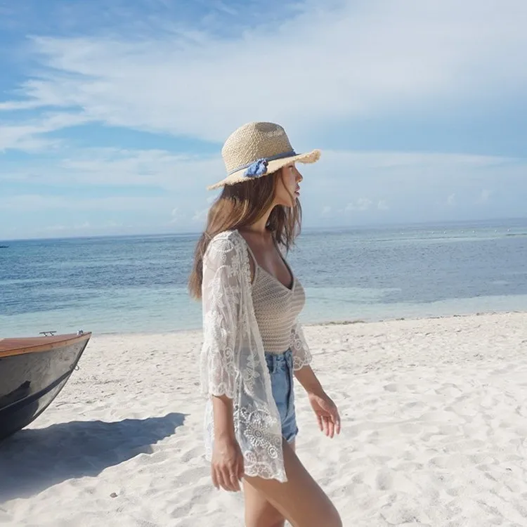 

Special Offer Korean-style Lace Blouse Cardigan Coat Gauze Rose Coat Beach Medium-length Bikini Blouse