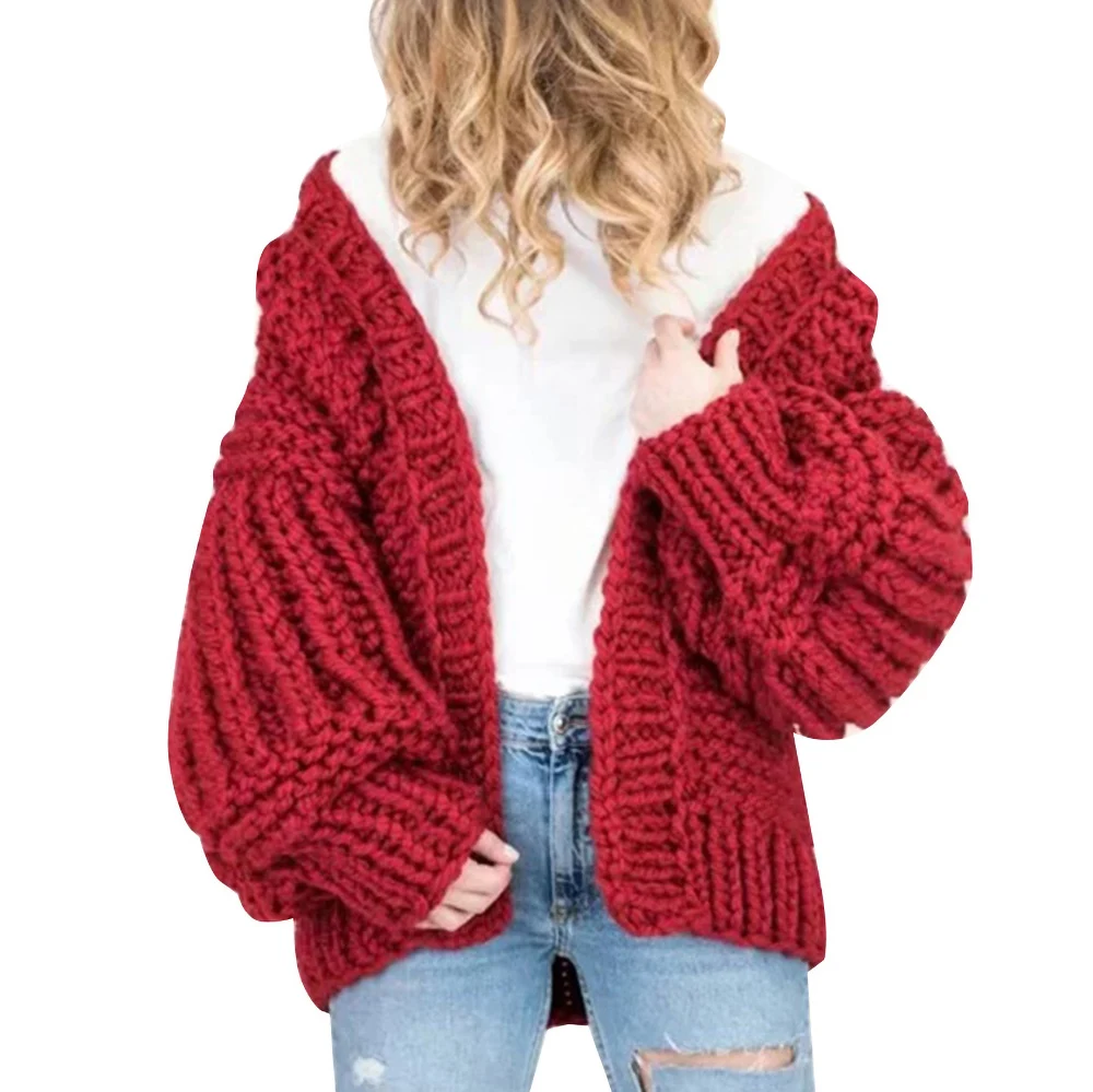 Red Новинка, женский кардиган, однотонный, свитера, рукав-фонарик, однотонный, вязаный, Открытый спереди, Кардиган с длинным рукавом, Повседневный Кардиган - Цвет: Red