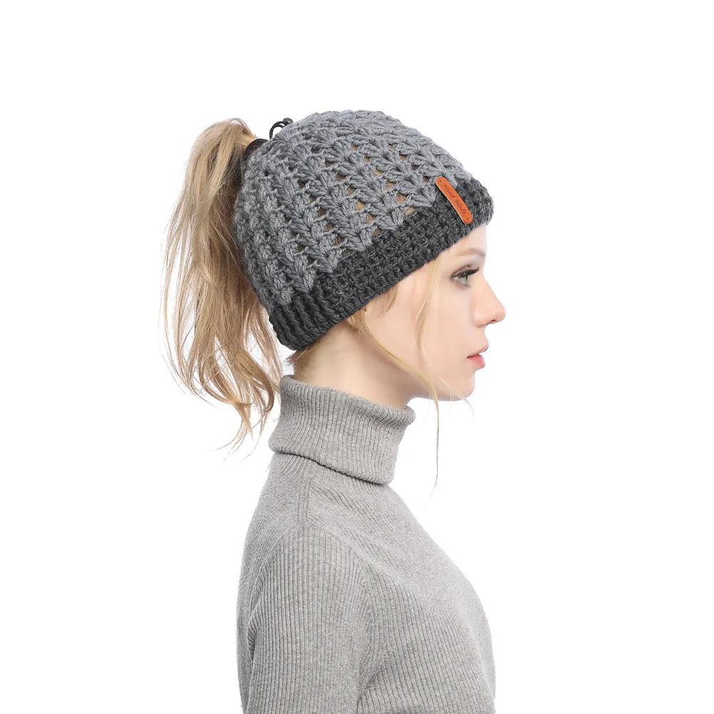 Europe, America, autumn and winter, new, matching, hole, cap, cap, empty top, knitted wool cap, ponytail cap, warm hat