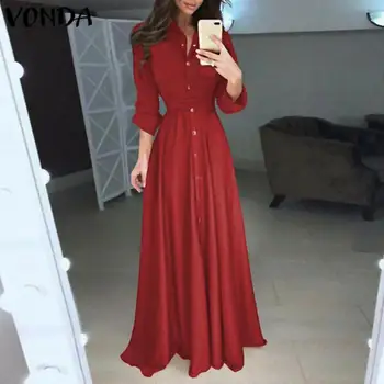 

VONDA Elegant Party Maxi Dress 2020 Women Sexy Turn Down Collar Long Sleeve Button Dresses Loose Bohemian Beach Sundress S-5XL