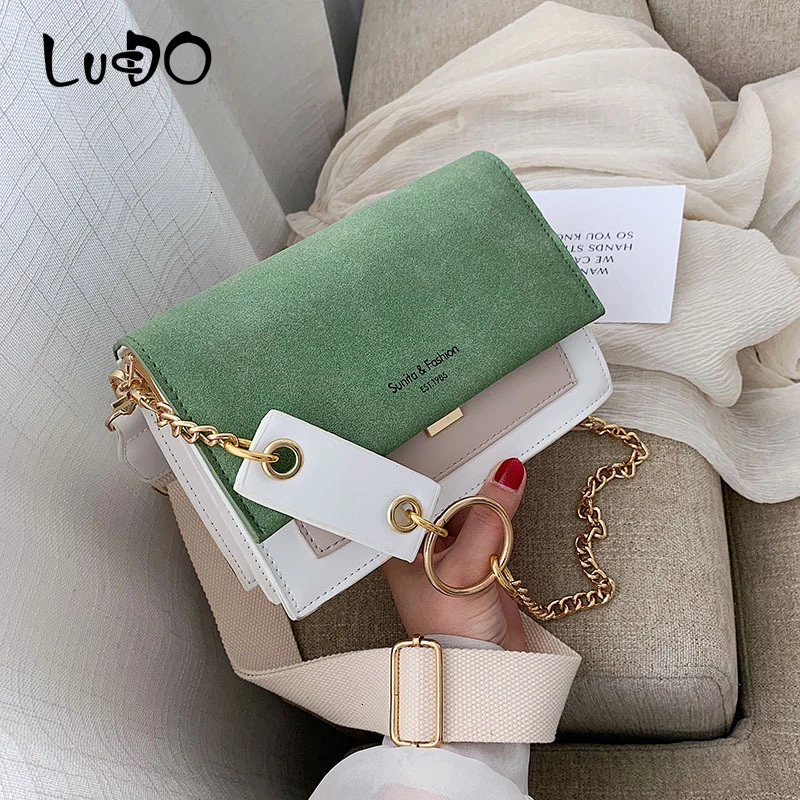 LUCDO New Wide Strap Shoulder Square Sling Bag Scrub Leather Contrast Color Crossbody Bags For Women Handbags Cross Body