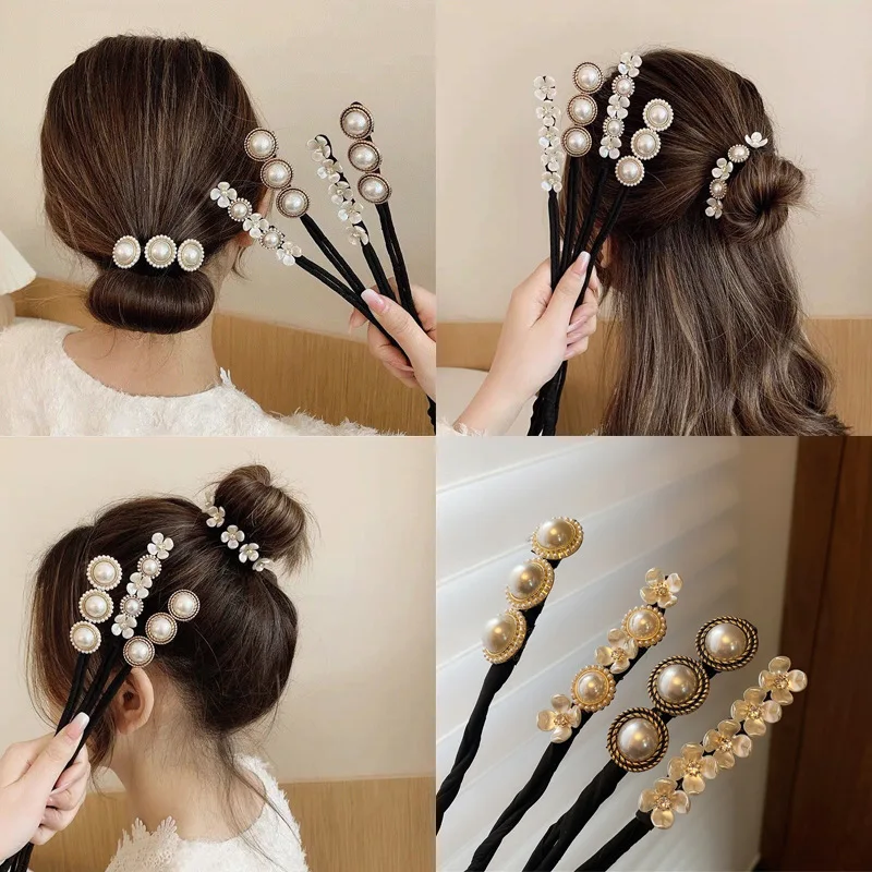 エレガントな真珠おだんごヘアメーカー女性髪型ドーナツヘアスティックdiyアップヘアアクセサリーツール花プレートヘアバンドシニョン Women S Hair Accessories Aliexpress