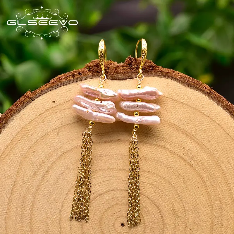 Серьги-подвески GLSEEVO GE0826 из натурального пресноводного розового жемчуга в