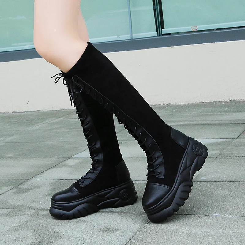Women Platform Knee High Boots 6.5 Cm Lace-up Platform Boots Ladies Winter Keep Warm Waterproof Women Shoes Black Gray