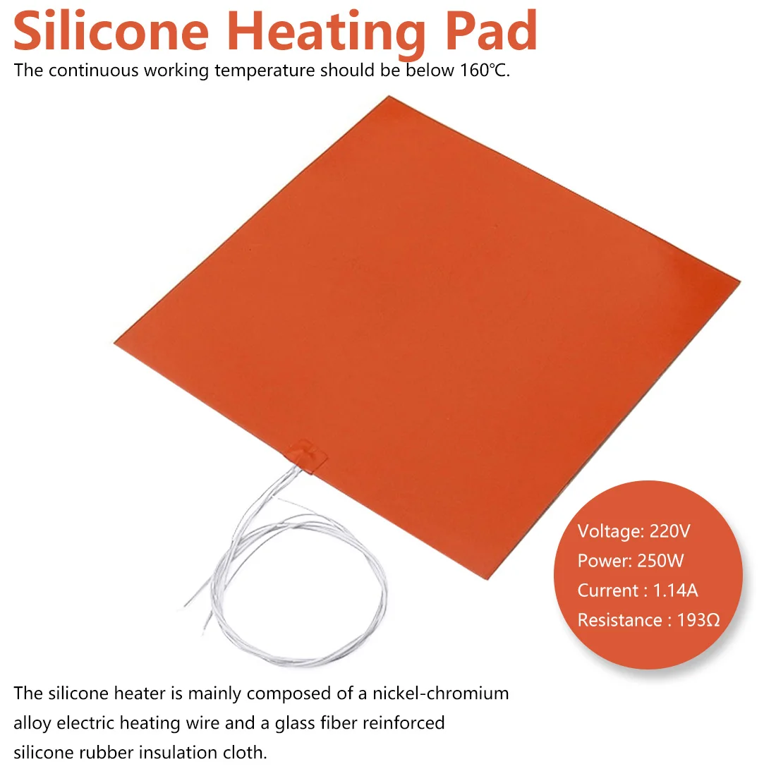 

220V 250W Silicone heating pad heater 200X200mm with 1m cable for 3D Printer Heated Bed Silicone Heater