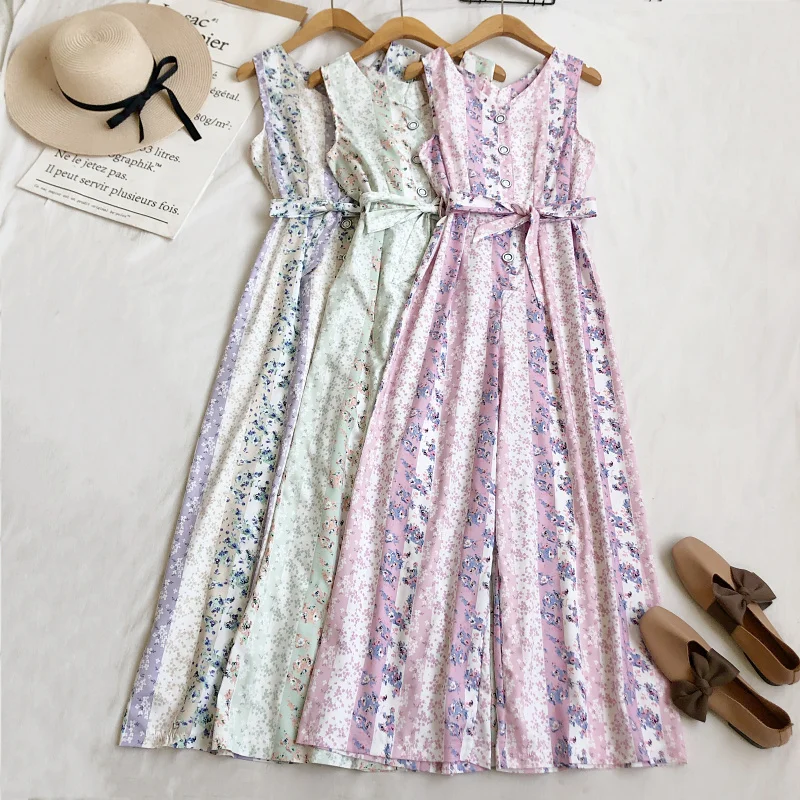 

New Vintage Women Jumpsuits Chiffon Sleeveless Vest Waistband V-neck Jumpsuits Printed Floral Ladies Loose Leg Pants Overalls