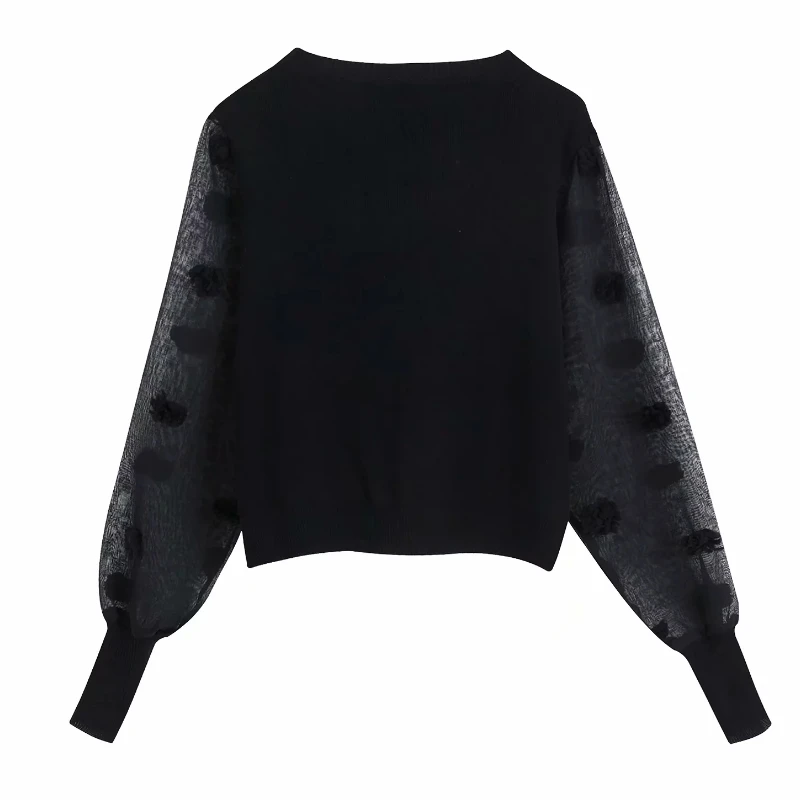  2019 women fashion transparent sleeve patchwork black knitting blouses shirts women o neck fur ball