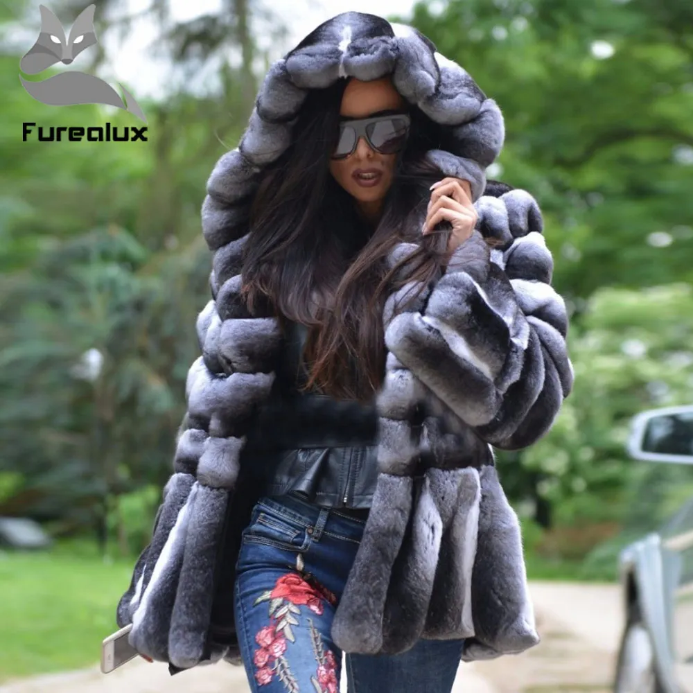 Furealux пальто из натурального меха, зимняя меховая куртка для женщин, Толстая теплая верхняя одежда из меха кролика рекс с капюшоном, модное пальто из меха кролика - Цвет: 70cm hood