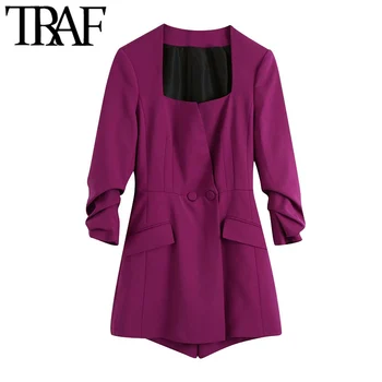 

TRAF Women Chic Fashion Double-Fabric Playsuits Vintage Square Collar Three Quarter Sleeve Female Jumpsuits Mujer
