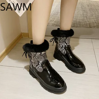 

Boots Female 2020 Genuine Leather Women Booties Lace Up White winter women shoes Non-slip girl Martin boots