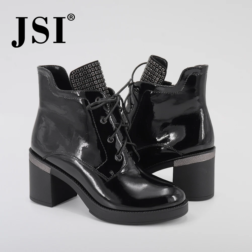 Skup JSI buty damskie zimowe sznurowane prawdziwej skóry połowy łydki buty z zaokrąglonym czubkiem kwadratowy obcas szpilki ręcznie solidne buty damskie JC343