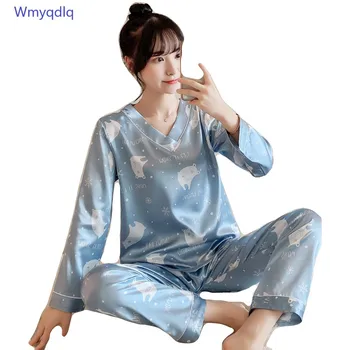 

Wmyqdlq 2020 Autumn Hot Women's Pajamas Ladies Pyjamas Long Sleeve Pants Ice Silk V-Neck Female Pijamas Cartoon Home Service Set