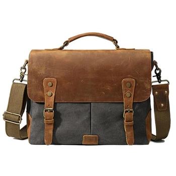 

IANLAN Mens Business Briefcase Casual Retro Crazy Horse Leather & Canvas Messenger Bag Crossbody Shoulder Bag IL00575