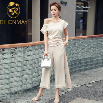 

Designer Fashion Women 2 Piece Pant Set New Summer Chiffon O Neck Bowknot Tops And Office Ladies Wide Leg Nine Pants Suit