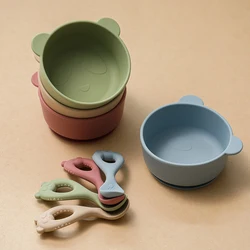 2pcs Baby Silicone Cartoon Cute Feeding Bowl Tableware Waterproof Spoon Non-Slip Crockery BPA Free Silicone Dishes