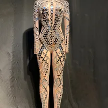 Модные Серебряные зеркала камень комбинезон для женщин бар танец чистая пряжа, одежда на День Рождения Праздновать просвечивающий наряд YOUDU