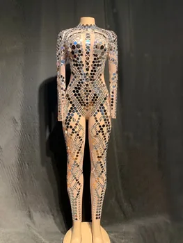 

Fashion Silver Mirrors Stone Jumpsuit Women Bar Dance Net Yarn Clothes Birthday Celebrate See Through Outfit YOUDU