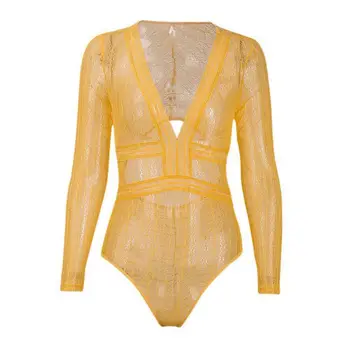 

2019 Women's Deep V Neck Backless Bodycon Lace Long Sleeve Bodysuit Sexy Ladies Casual Jumpsuit Clothes