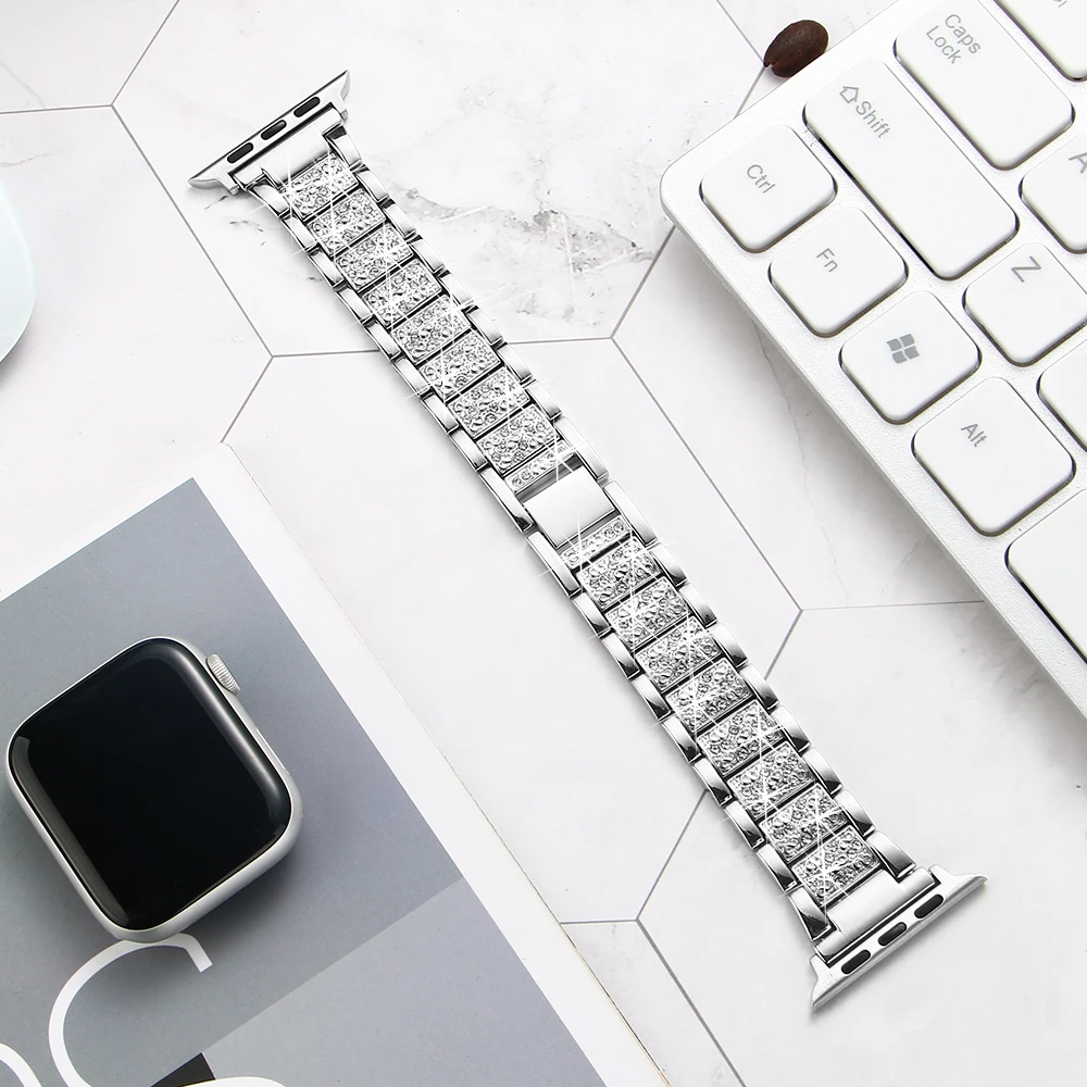 Для Apple Watch ремешок 40 мм 44 мм 38 мм 42 мм Женский бриллиантовый ремешок для Apple iWatch серии 5 4 3 21 браслет из нержавеющей стали ремешок для часов - Цвет ремешка: Silver