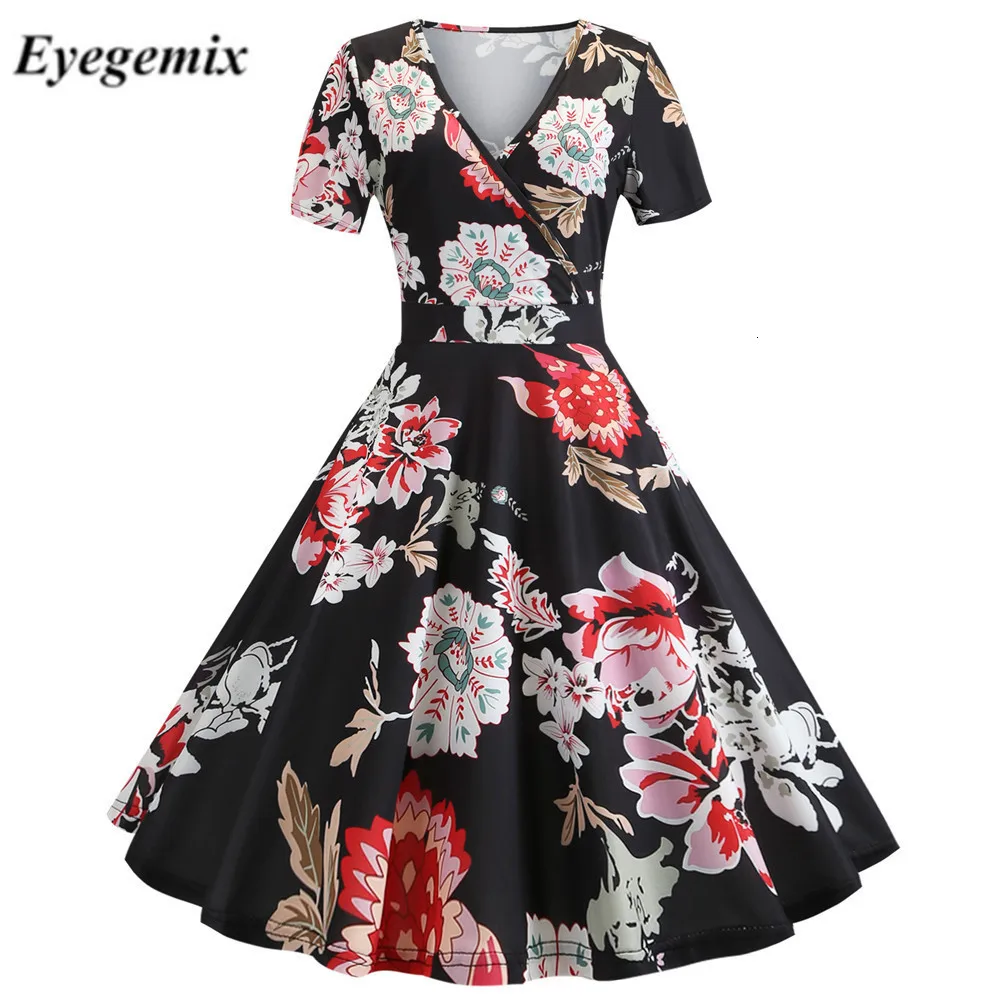 

Print Summer Dress 2019 Women Short Sleeve V-neck Robe Vintage Rockabilly Vestido Elegant One Line Plus Size Office Dresses