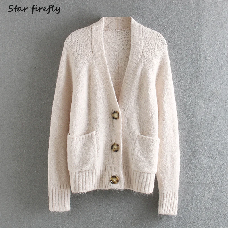 

Star Firefly Fashion Za Cardigan Women 2019 Spring Autumn Elegant Slim V-neck Silk Single-breasted Solid Color Pocket Cardigan