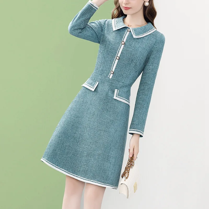 

2023 Runway Designers Fashion Doll Collar Blue Tweed Woolen Dress Autumn Winter Woman Clothes Casual A-Line Vestidos