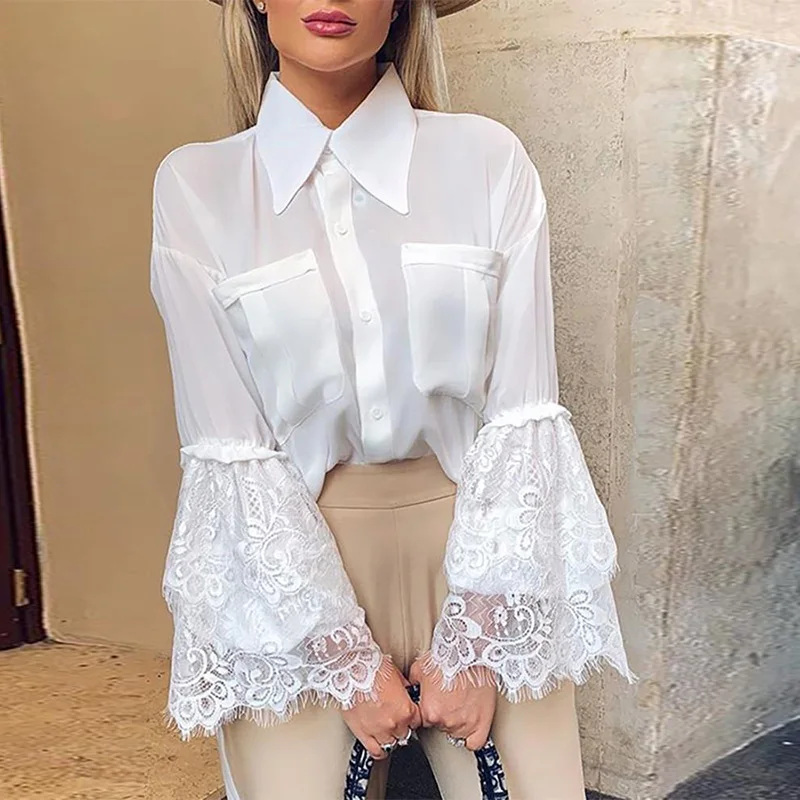 

Women Eyelash Lace Bell Sleeve Casual Blouse Ladies Turn-down Collar Long Sleeve Blouse Tops