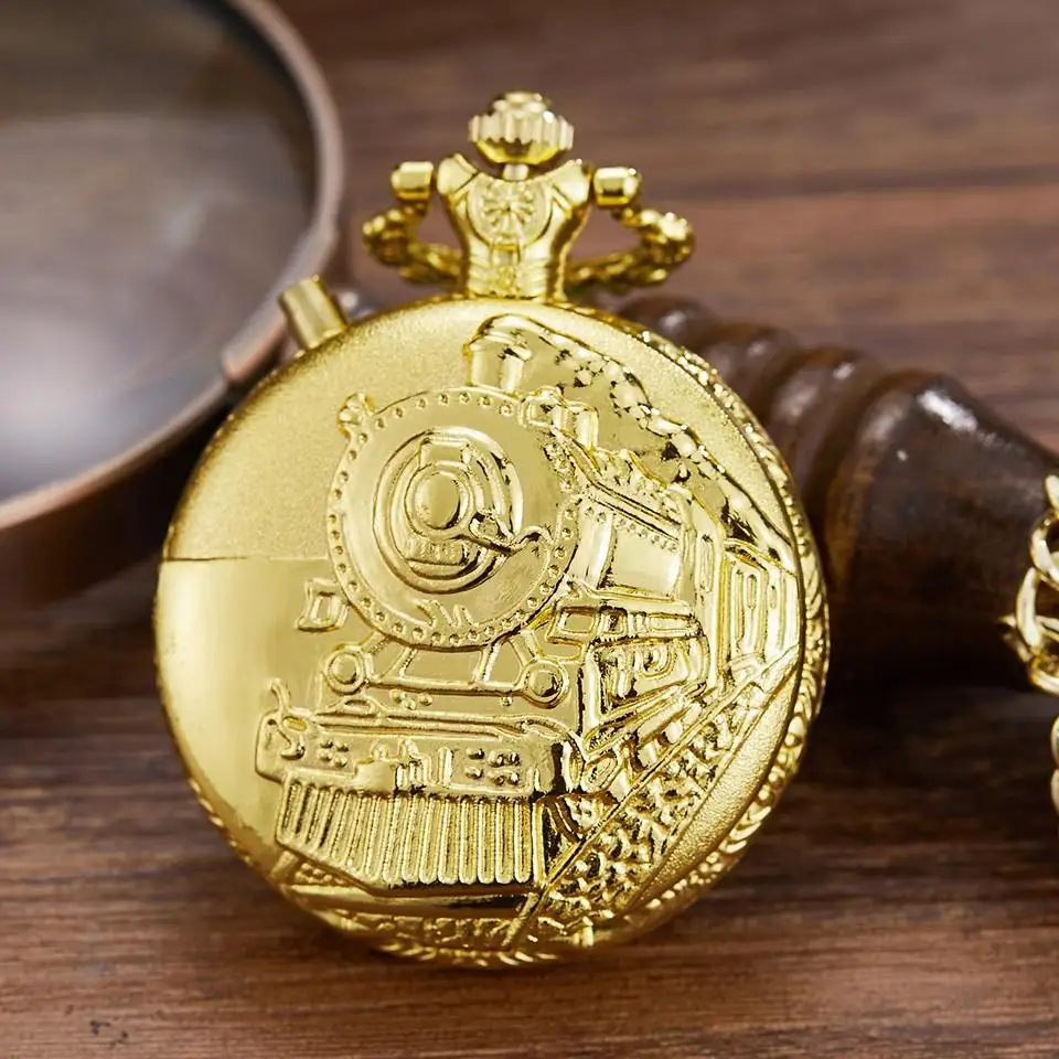 gold Винтажный светодиодный циферблат кварцевые карманные часы резные паровой поезд креативный стимпанк железнодорожная гравировка Ретро цепочка ожерелье кулон часы - Цвет: gold