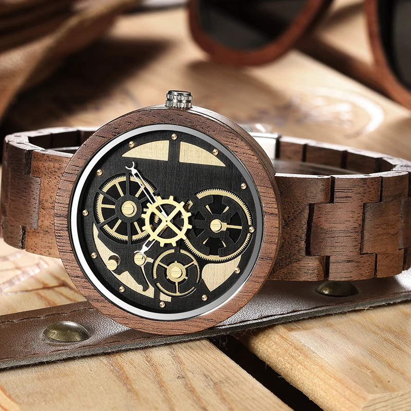 Creative Men's Quartz Movement Wooden Watch Gear Dial Design Features Hands Wooden Strap Business Fashion Gifts for Men 2021 New