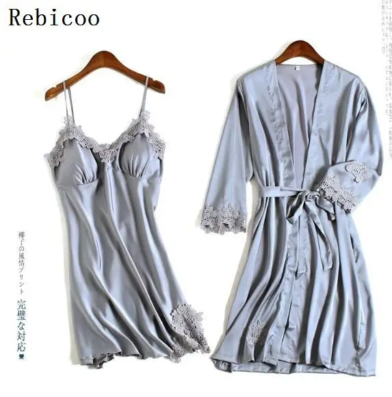 

Robe and gowns set embroidery Sexy Pajamas Sets Satin Nightwear Women Nighties pyjama femme sleepwear sets silk dress pink lace
