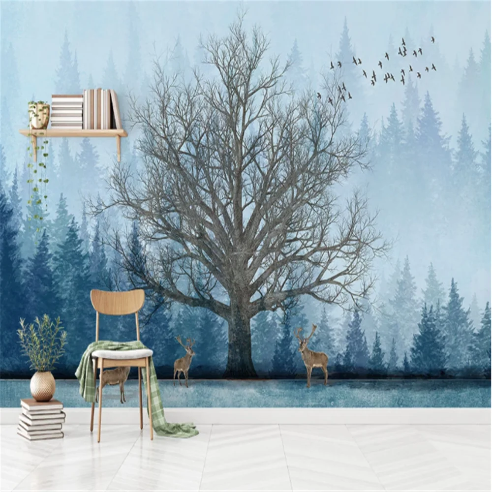 

Milofi Custom 3D wallpaper mural Nordic abstract hand-painted forest big tree elk TV background wall