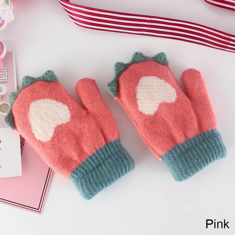 Модные зимние перчатки для мальчиков и девочек, вязаные толстые милые зимние теплые перчатки, детские перчатки с рисунком сердца для детей 1-4 лет - Цвет: pink