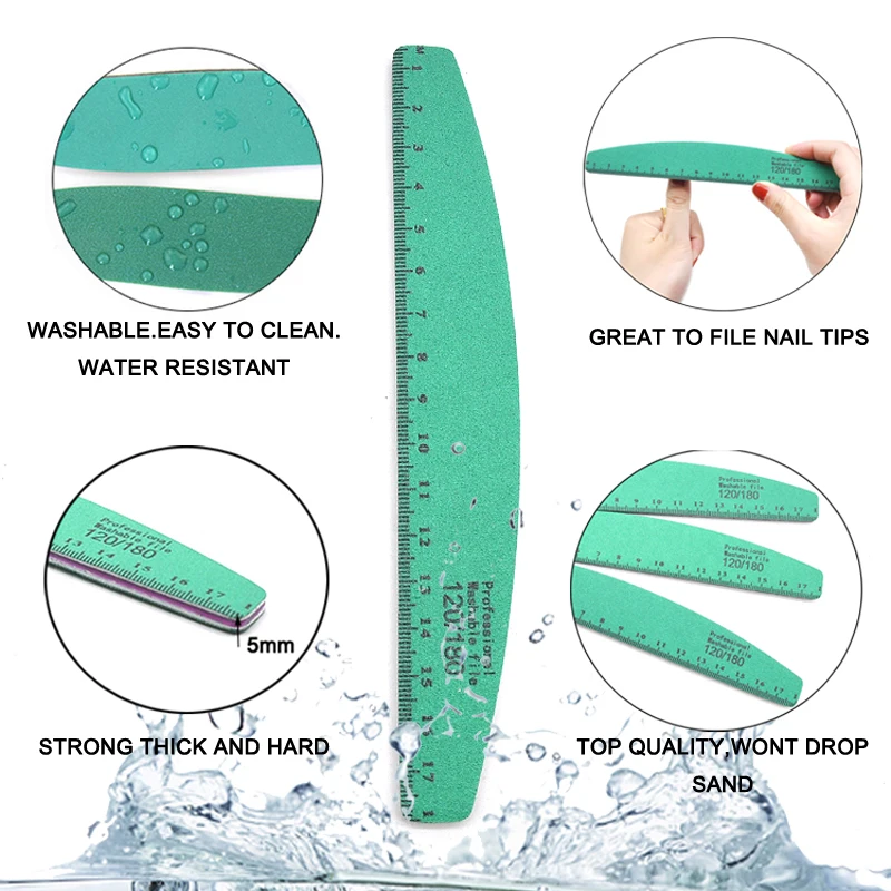 

40 Pcs/lot Washable Nail Files Green Strong Sandpaper Buffing Nails File 120/180 Lime a ongle Professional Salon Polisher Tools