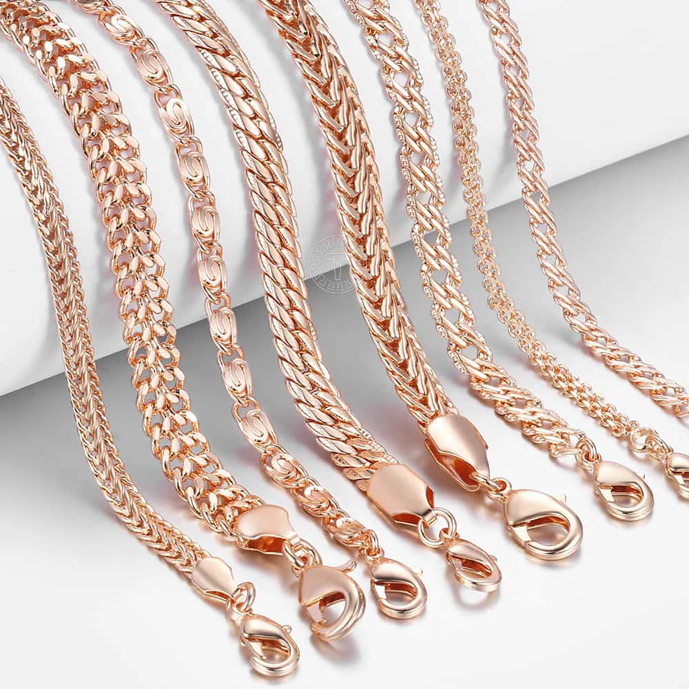 Chain bracelet 21 Styles 585 Rose Gold Color Bracelet for Women Men Girl Snail Curb/Weaving Link Foxtail Hammered Bismark Bead Chains 20cm