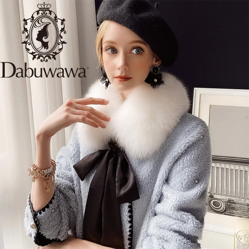 

Dabuwawa Elegant Solid Double Breasted Women Wool Fur Coat Fox Collar Soft Winter Warm Bow Skirt Long Jacket Ladies DT1DFR019