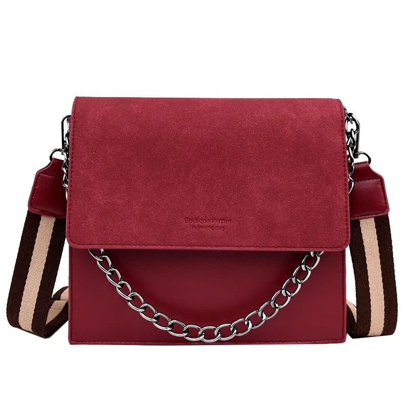 

Christmas burgundy shoulder PU chain multi-layer crossbody bag striped wide shoulder strap shoulder chain small square bag
