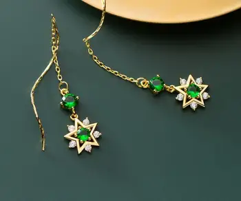 

Real. 925-STERLING-SILVER prong-cz Green zirconia Star Flower Dangle Threader Earrings long GTLE2922