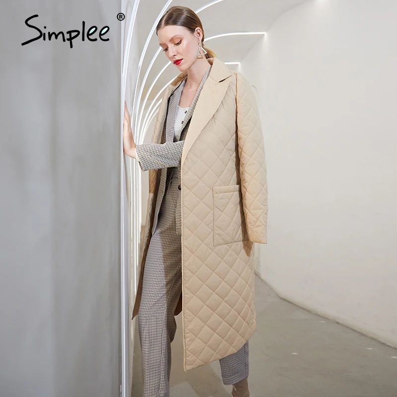 Simplee Long straight winter coat with rhombus pattern Casual sashes women parkas Deep pockets tailored collar stylish outerwear woolrich parka